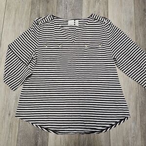 Chicos Notch Neck Striped Knit Top Blouse Brown White 3/4 Sleeve Women's Large 2